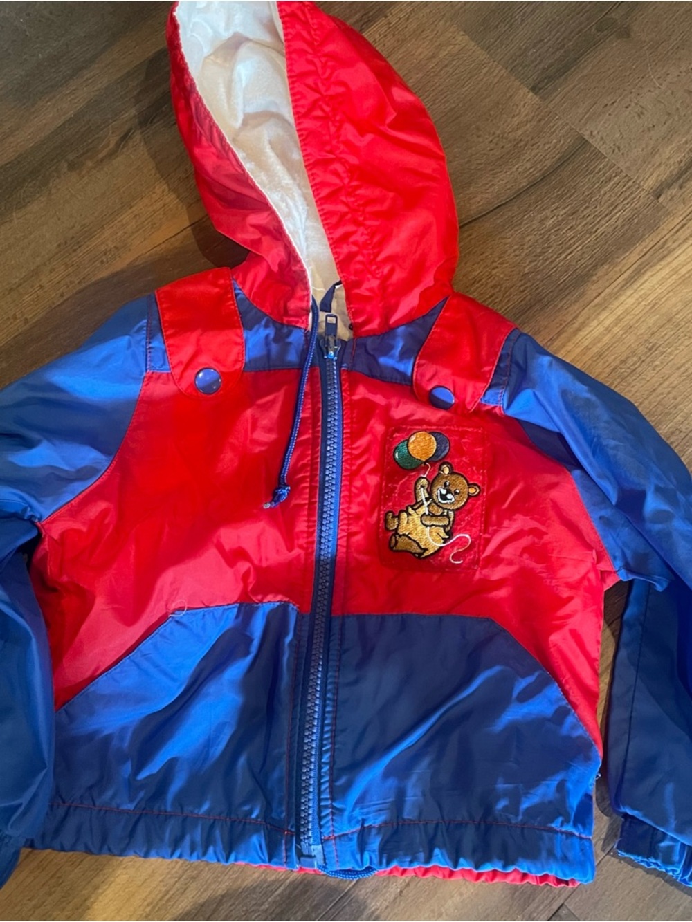 Vintage Kids Red & Blue Hooded Raincoat with Bear Patch
